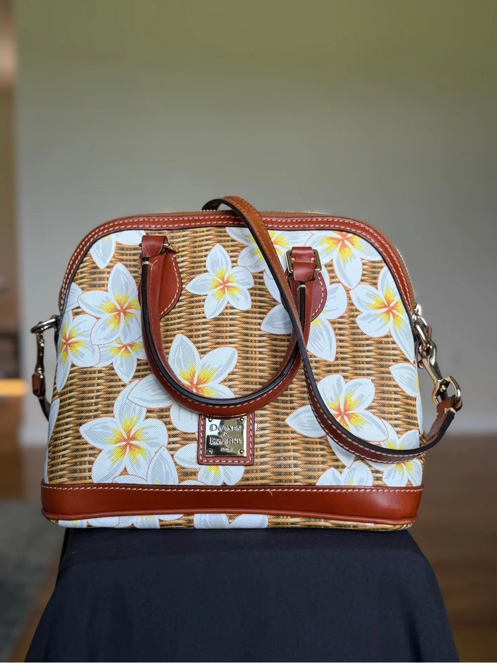 Dooney & Bourke Brown Woven-Print Satchel with White and Yellow Plumeria